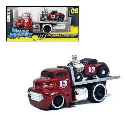 Maisto Muscle Machines Diecast Model Car Transport Ford COE Flatbed Recovery Truck 1950 + Ford Roadster 1932 No 13 1/64 scale