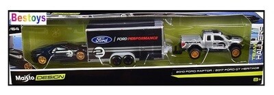 Maisto Design Series Team Haulers Ford Raptor 2010 + Ford GT Heritage 2017 + Enclosed Trailer "Ford Performance"