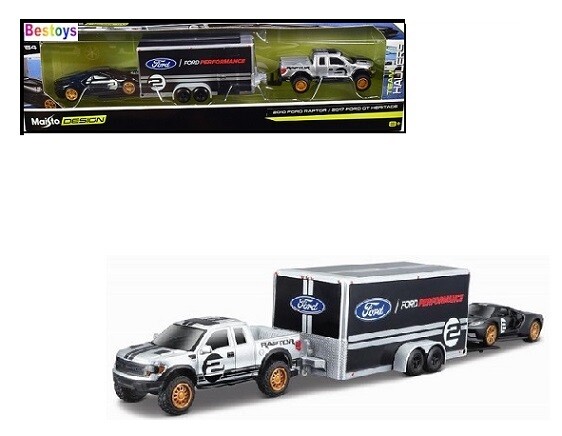 Maisto Model Car Design Series Team Haulers Ford Raptor 2010 + Ford GT Heritage 2017 + Enclosed Trailer &quot;Ford Performance&quot; 1/64 scale