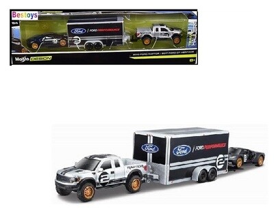 Maisto Model Car Design Series Team Haulers Ford Raptor 2010 + Ford GT Heritage 2017 + Enclosed Trailer &quot;Ford Performance&quot; 1/64 scale