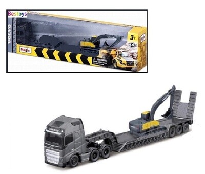Maisto Diecast Model Construction Series Volvo FH 16 FH16 Truck + Lowbed trailer with Excavator +- 1/87 HO railway scale