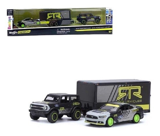 Maisto Diecast Model Car Design Series Team Hauler Ford Bronco 2021 + Ford Mustang GT 2015 + enclosed trailer
