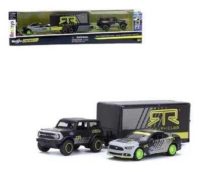 Maisto Diecast Model Car Design Series Team Hauler Ford Bronco 2021 + Ford Mustang GT 2015 + enclosed trailer
