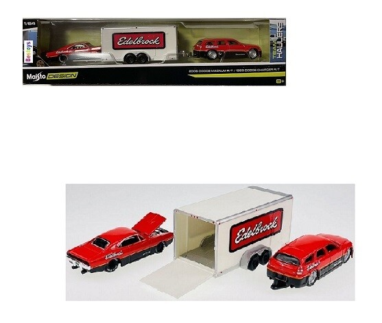 Maisto Diecast Model Car Design Series Team Hauler Dodge Magnum RT 2006 + Dodge Charger RT 1969 + enclosed trailer 1/64 scale