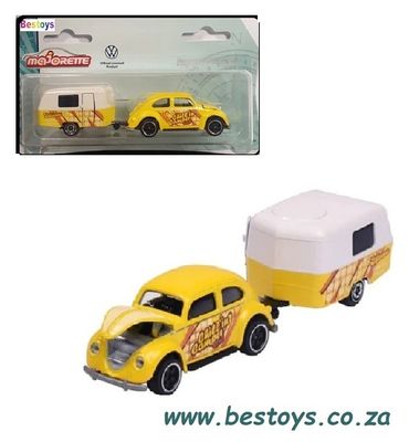 Majorette Diecast Model Car 2 pk VW Volkswagen Beetle &amp; Eriba Puck Caravan 1/64 scale