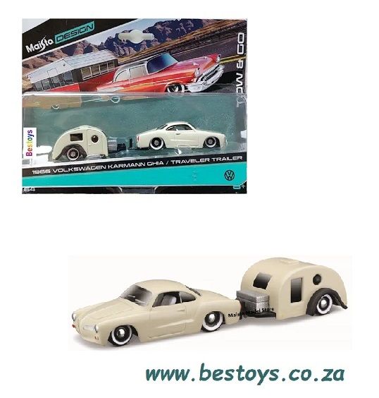 Maisto Diecast Model Car Design Tow &amp; Go VW Volkswagen Karmann Ghia 1966 + Traveler Trailer Camper 1/64 scale