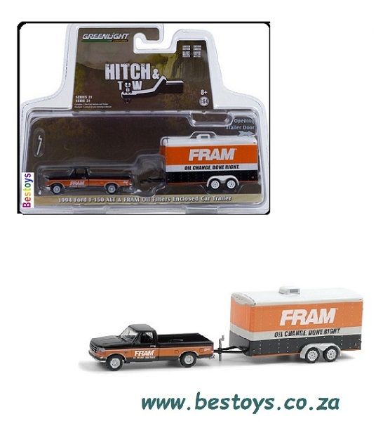 Greenlight Diecast Model Car Set Hitch &amp; Tow Ford F 150 F150 XLT Pickup 1994 + Enclosed Car Trailer &quot;Fram&quot; 1/64 scale