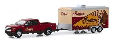 Greenlight Diecast Model Car Set Hitch & Tow Ford F 150 F150 pickup 2017 + Enclosed Trailer "Indian Motorcycles" 1/64 scale