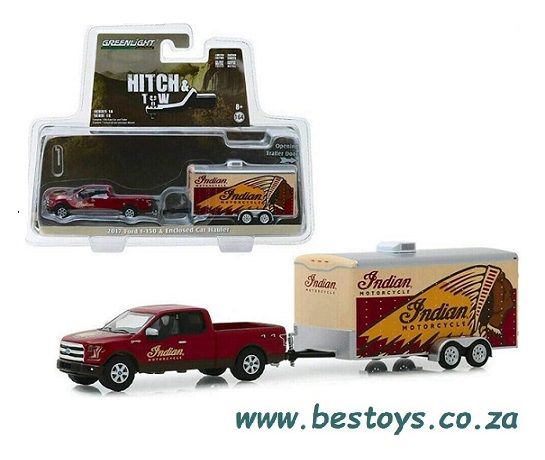 Greenlight Diecast Model Car Set Hitch &amp; Tow Ford F 150 F150 pickup 2017 + Enclosed Trailer &quot;Indian Motorcycles&quot; 1/64 scale
