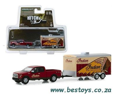 Greenlight Diecast Model Car Set Hitch &amp; Tow Ford F 150 F150 pickup 2017 + Enclosed Trailer &quot;Indian Motorcycles&quot; 1/64 scale