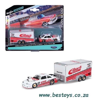 Maisto Diecast Model Car Design Tow &amp; Go Mustang SVT Cobra 1993 + Enclosed Car Trailer &quot;Eibach&quot; 1/64 scale