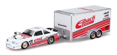 Maisto Diecast Model Car Design Tow &amp; Go Mustang SVT Cobra 1993 + Enclosed Car Trailer "Eibach" 1/64 scale