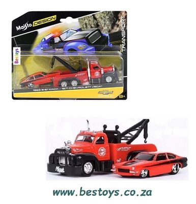 Maisto Elite Transport Mack B 61 B61 Tow Truck 1953 + Chevy Chevrolet Vega 1971 1/64 scale