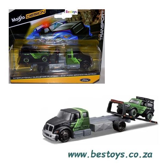 Maisto Elite Transport International Durastar Flatbed Truck + Ford Bronco Wildtrak 2021 &quot;Toyo Tires&quot;