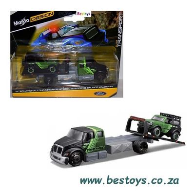Maisto Elite Transport International Durastar Flatbed Truck + Ford Bronco Wildtrak 2021 &quot;Toyo Tires&quot;