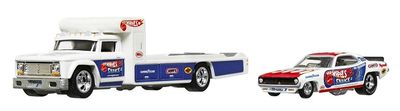 Hotwheels Hot Wheels Diecast Model Car Culture Team Transport Plymouth Cuda Funny Car 1972 + Retro Rig Transporter Truck 1/64 scale