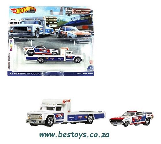 Hotwheels Hot Wheels Diecast Model Car Culture Team Transport Plymouth Cuda Funny Car 1972 + Retro Rig Transporter Truck 1/64 scale