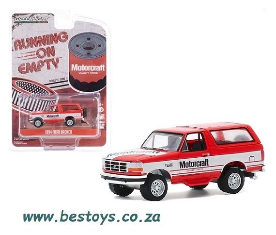 Greenlight Diecast Model Car Running on Empty Ford Bronco 1994 &quot;Motorcraft&quot; 1/64 scale