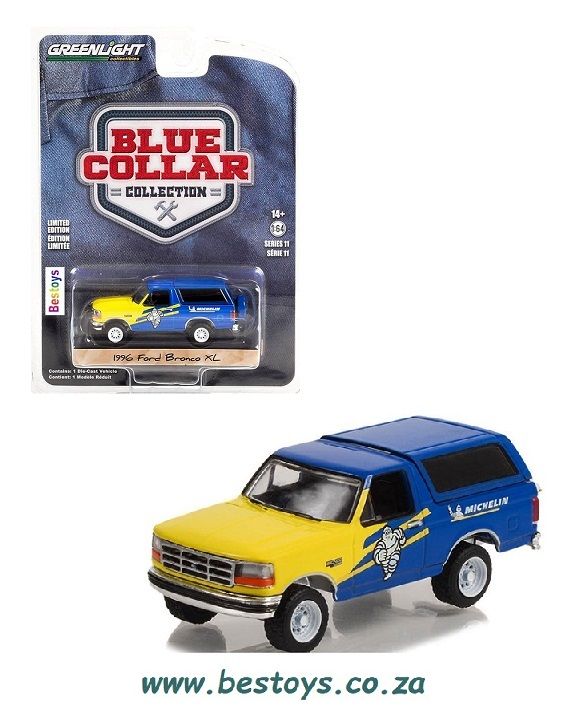 Greenlight Diecast Model Car Blue Collar Ford Bronco XL 1996 &quot;Michelin&quot; 1/64 scale
