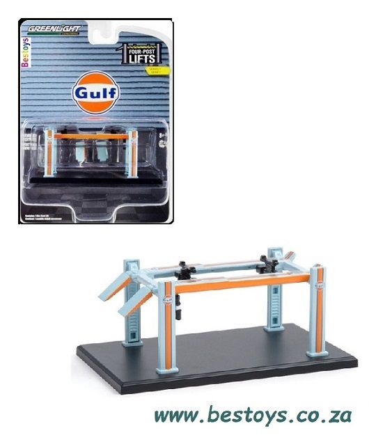 Greenlight Diecast Model Accessory Diorama Garage Workshop Four Post Lift &quot;Gulf&quot; 1/64 scale