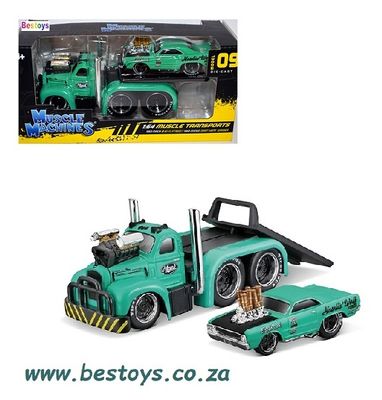 Maisto Muscle Machines Diecast Model Car Transport Mack B 61 B61 Flatbed Truck 1953 + Dodge Dart Hemi Gasser 1968 1/64 scale
