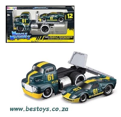 Maisto Muscle Machines Diecast Model Car Transport Ford COE Flatbed Recovery Truck 1950 + Ford GT 40 GT40 MK 2 Mk2 1966 No 61