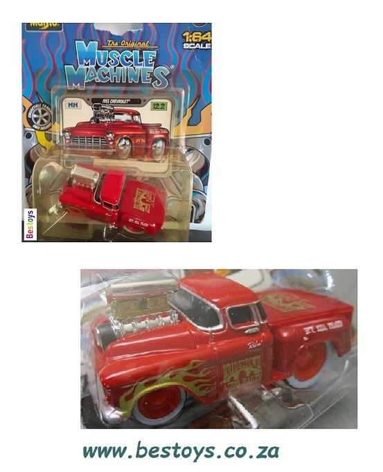 Maisto Muscle Machines Diecast Model Car Chevy Chevrolet Pickup 1955 + Blower 1/64 scale