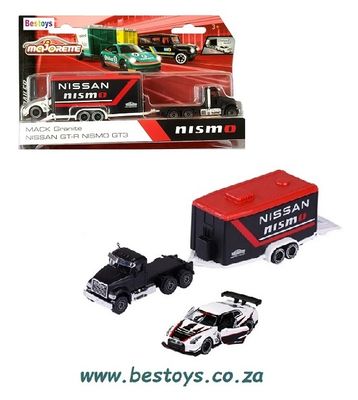 Majorette Diecast Model Car Race Trailer Set Mack Granite Truck + Nissan GT R Nismo GT3 + Trailer