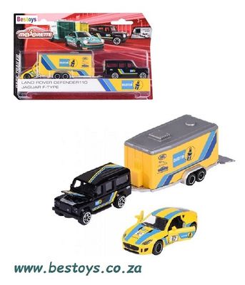 Majorette Diecast Model Car Race Trailer Set Land Rover Defender 110 + Jaguar F Type + Trailer &quot;Bilstein&quot; 1/64 scale