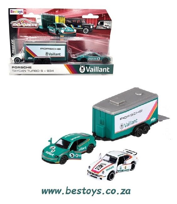 Majorette Diecast Model Car Race Trailer Set Porsche Taycan Turbo S + Porsche 934 + Trailer &quot;Vaillant&quot; 1/64 scale