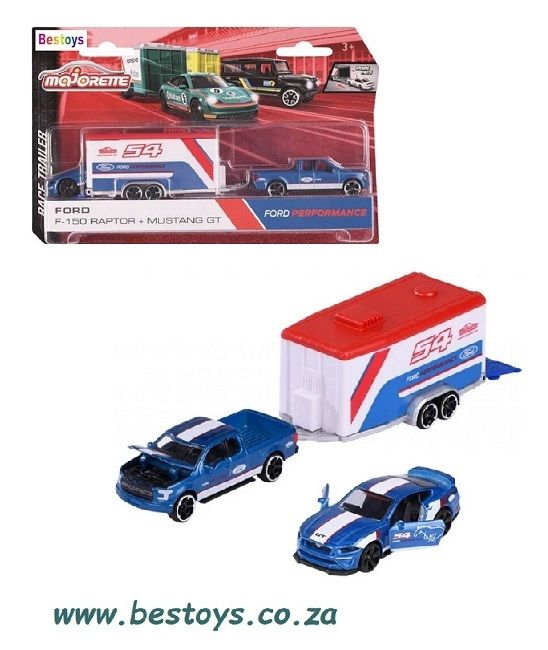 Majorette Diecast Model Car Race Trailer Set Ford F 150 F150 Raptor + Ford Mustang + Trailer No 54
