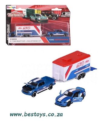Majorette Diecast Model Car Race Trailer Set Ford F 150 F150 Raptor + Ford Mustang + Trailer No 54