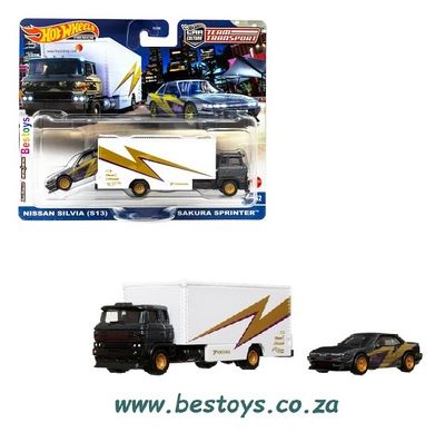 Hot Wheels Diecast Hotwheels Car Culture Team Transport Nissan Silvia S 13 S13 + Sakura Sprinter Car Transporter Truck 1/64 scale
