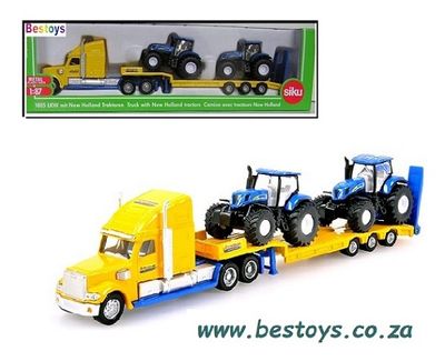 SIKU Diecast Model 1805 Peterbilt Truck and lowbed trailer with 2 New Holland Tractors 1/87 HO railway scale