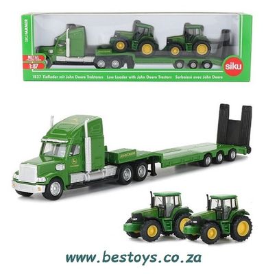 SIKU Diecast Model 1837 Peterbilt Truck &amp; Lowbed Trailer with 2 x John Deere Tractors 1/87 HO railway scale