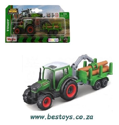 Maisto Mini Work Machines Diecast Model Tractor Fendt 208 Vario + Log Trailer Farm Agricultural +- 1/64 scale