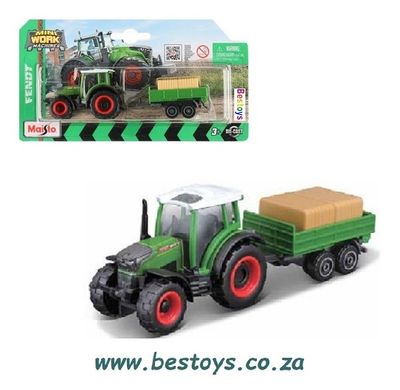 Maisto Mini Work Machines Diecast Model Tractor Fendt 208 Vario + Hay Trailer Farm Agricultural +- 1/64 scale