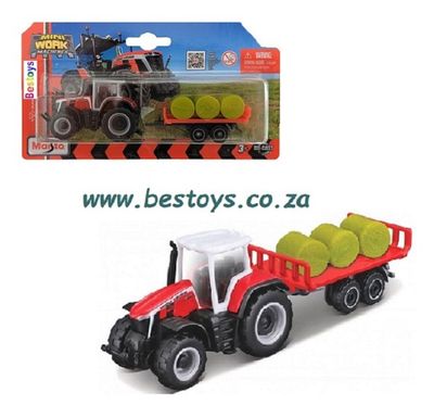 Maisto Mini Work Machines Diecast Model Tractor Massey Ferguson Tractor 8S 265 + Hay Trailer Farm Agricultural +- 1/64 scale