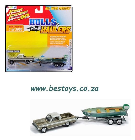 Johnny Lightning Diecast Model Car Set Hulls &amp; Hauler Ford Ranchero 1965 + Fishing Boat + trailer