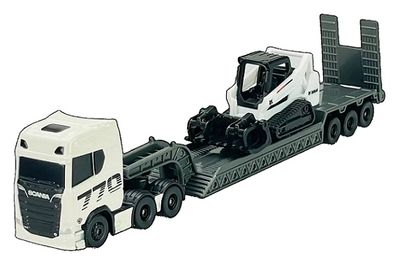 Maisto Mini Work Machines Diecast Model Scania 770 S Truck + lowbed trailer + Bobcat Skidsteer