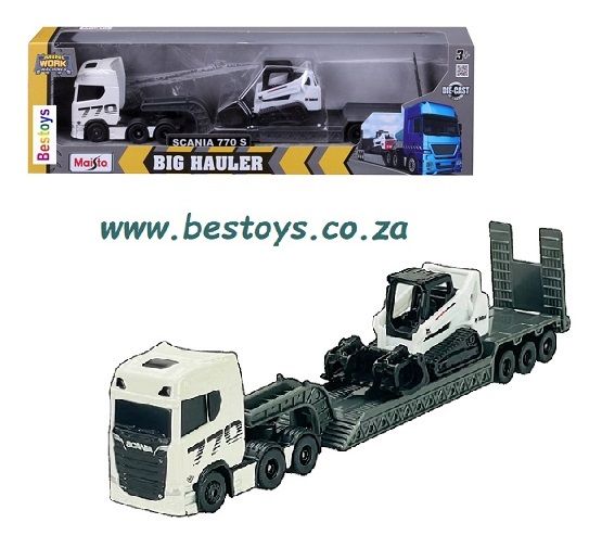 Maisto Mini Work Machines Diecast Model Scania 770 S Truck + lowbed trailer + Bobcat Skidsteer