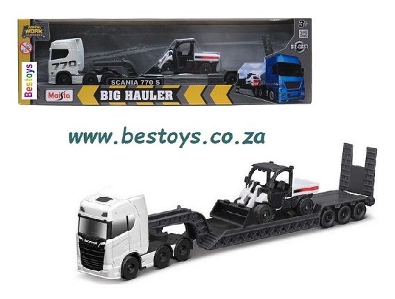 Maisto Mini Work Machines Diecast Model Scania 770 S Truck + lowbed trailer + Bobcat Gator