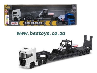 Maisto Mini Work Machines Diecast Model Scania 770 S Truck + lowbed trailer + Bobcat Gator