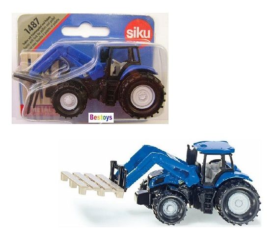 SIKU Diecast Model 1487 New Holland Tractor with pallet fork + pallet accessory  +- 1/64 scale