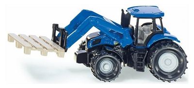 SIKU Diecast Model 1487 New Holland Tractor with pallet fork + pallet accessory +- 1/64 scale