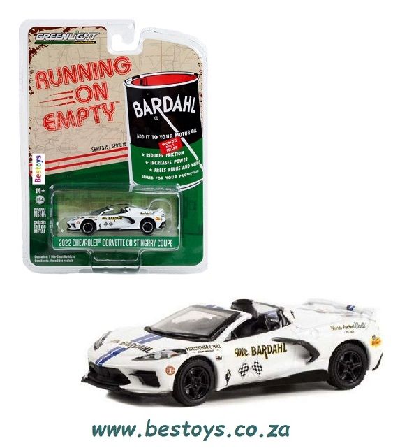 Greenlight Diecast Model Car Running on Empty Chevy Chevrolet Corvette C 8 C8 Stingray Coupe 2022 &quot;Bardahl&quot; 1/64 scale