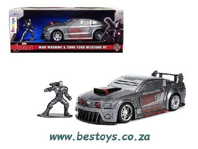 JADA Diecast Model Car 33082 Ford Mustang GT 2006 + War Machine Figurine Marvel Avengers 1/32 scale