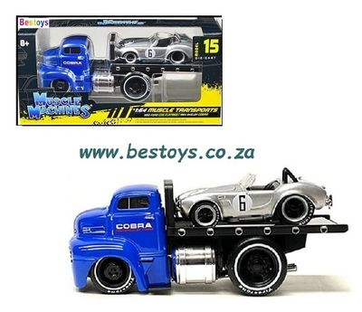 Maisto Muscle Machines Model Car Transport Ford COE Flatbed Truck 1950 + Shelby Cobra 1964 No 6 1/64 scale