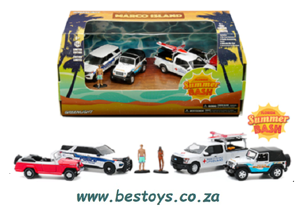 Greenlight Model Car Set Marco Island Ford Interceptor Jeep F 150 + figurines 1/64 scale