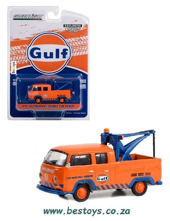 Greenlight Exclusive VW Volkswagen Kombi T 2 T2 Double Cab Pickup Tow truck 1970 &quot;Gulf&quot; 1/64 scale